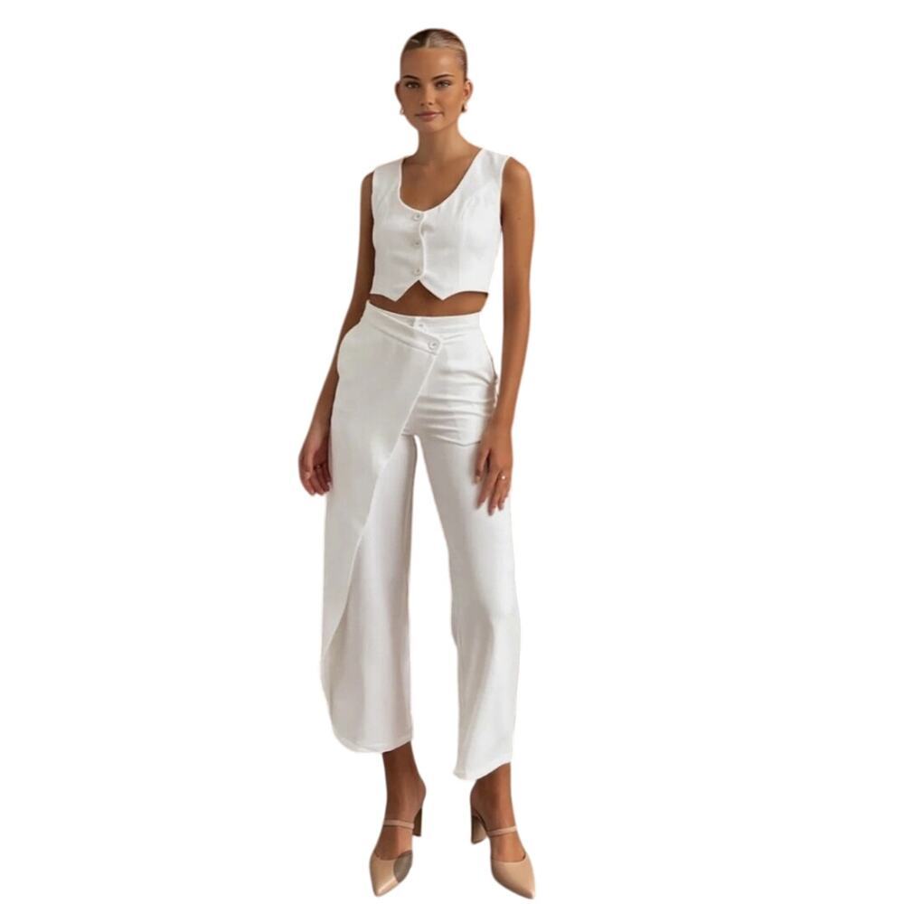 NWT Commense Womens 2-Piece Set L White Vest & Wide-Leg Pants Asymmetrical Front - Picture 2 of 12